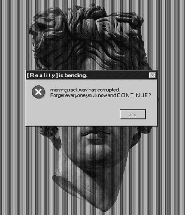 classical bust glitched by a retro reality-is-bending dialog