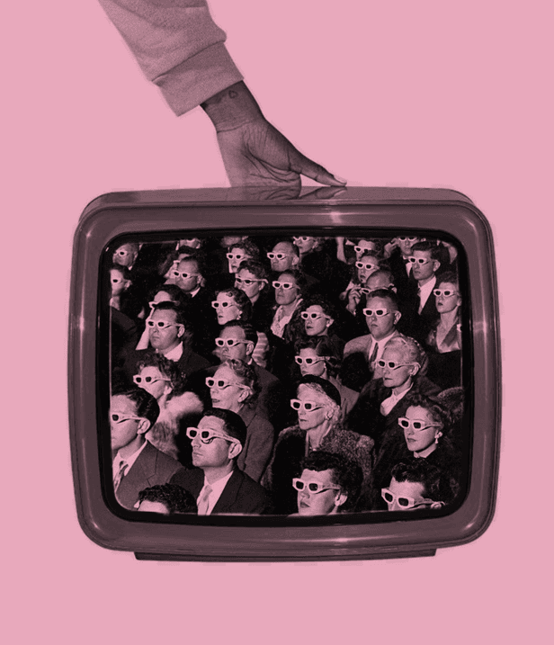 vintage television on a pink backdrop framing a crowd in 3d glasses
