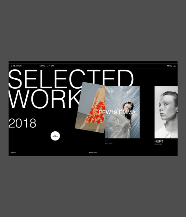 selected-work editorial layout with overlapping fashion plates