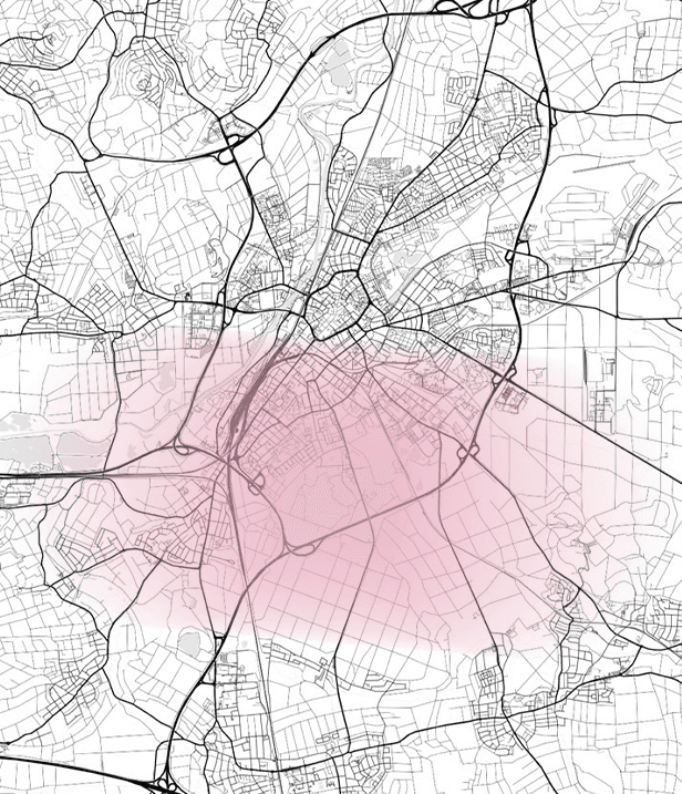 stylized city map with a soft pink expansion bloom at the centre